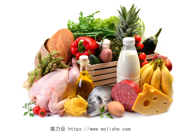 白色背景上的一筐新鲜蔬菜水果和肉制品在白色背景上的食物